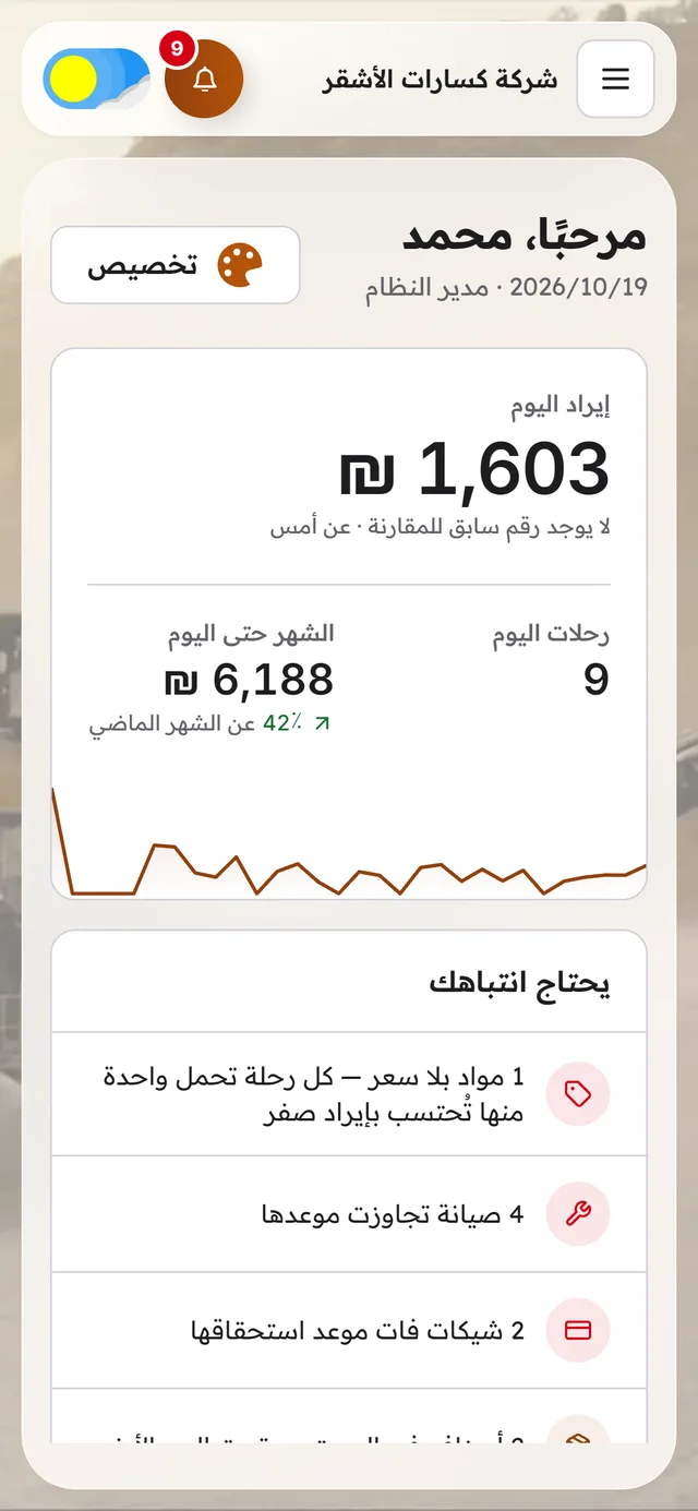 Casarah on a phone (in Arabic): today's revenue and loads, and the items that need attention